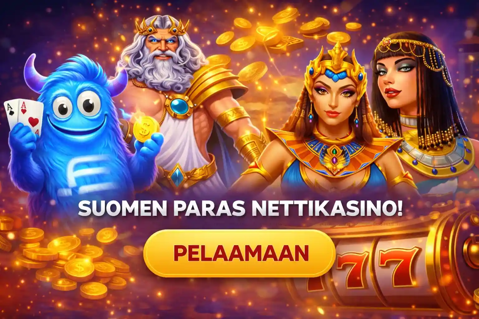 Näyttävä nettikasinon etusivun banneri hahmoilla ja kolikkopeleillä