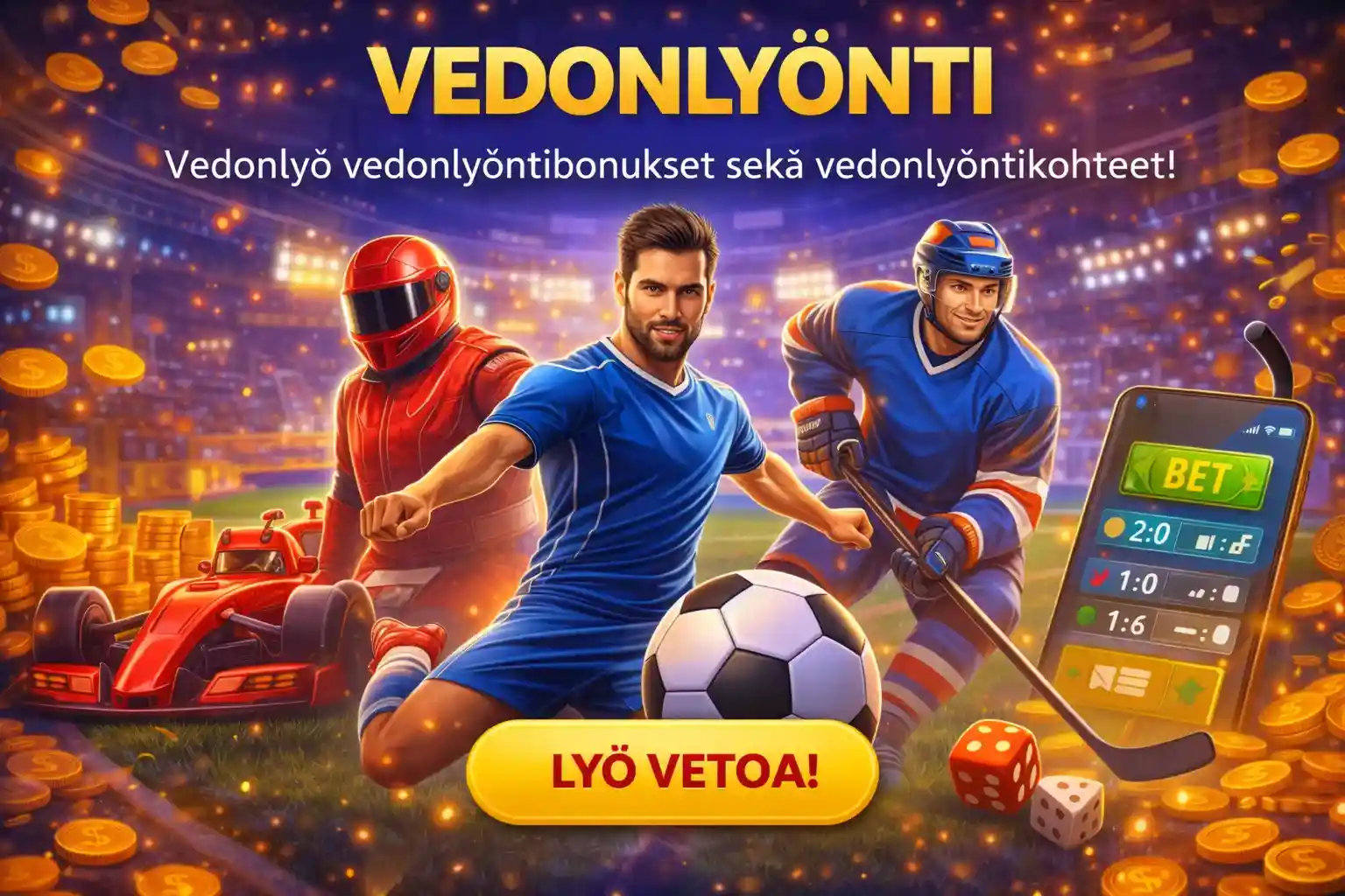 Urheiluvedonlyönti banneri jalkapallon ja jääkiekon teemalla